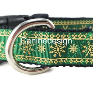 Christmas Dog Collar, Green and Gold Snowflake, 1 inch wide, adjustable; plastic or metal side release buckle, or chain martingale