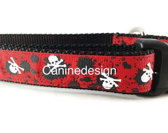 Halloween Dog Collar, Splatter Skulls Red, 1 inch wide, adjustable; plastic or metal side release buckle, or chain martingale