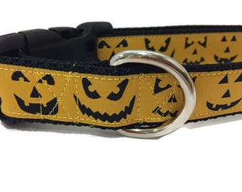 Halloween Dog Collar, Jack O Lantern, 1 inch wide, adjustable, quick release, metal buckle, martingale, chain, nylon