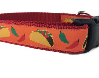 Dog Collar, Tacos, 1 inch wide, adjustable; plastic or metal side release buckle, or chain martingale