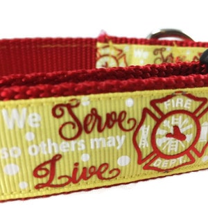 May include: Yellow and red dog collar with the text "We Serve So Others May Live" and a red firefighter emblem with the text "Fire Dept."