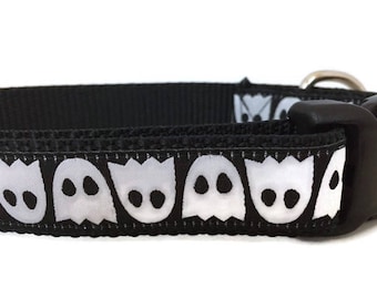 Halloween Dog Collar, Ghosts, 1 inch wide, adjustable, quick release buckle, metal buckle, chain, martingale, hybrid, heavy nylon, black
