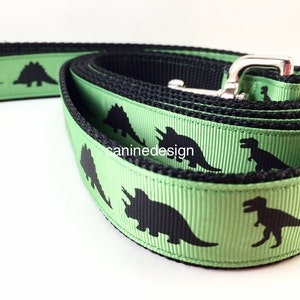 Dog Collar and Leash, Green Dinosaur, Dino, 4ft or 6ft leash, 1 inch wide, adjustable collar with plastic buckle, metal buckle, or chain image 2