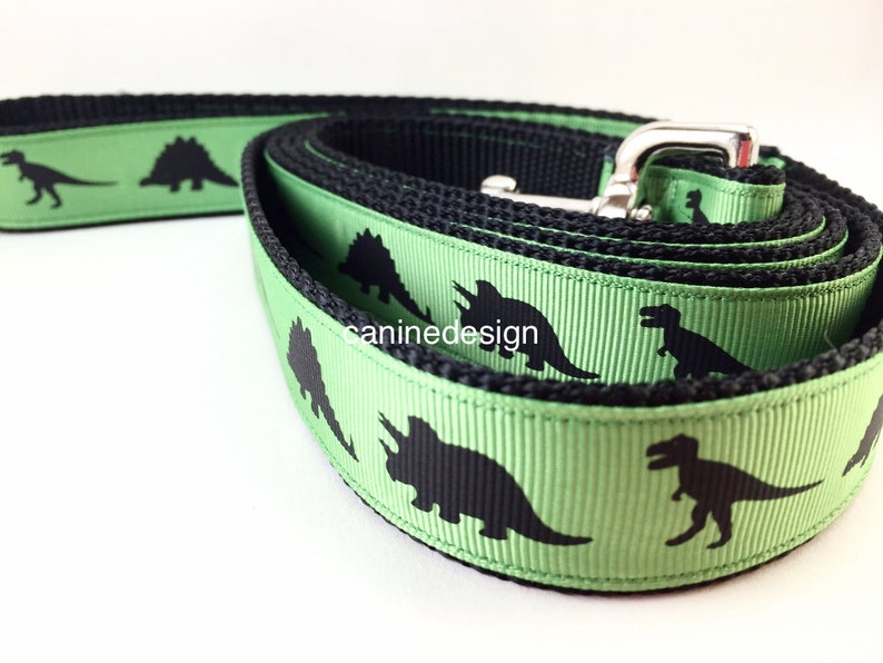 Dog Collar and Leash, Green Dinosaur, Dino, 4ft or 6ft leash, 1 inch wide, adjustable collar with plastic buckle, metal buckle, or chain image 2