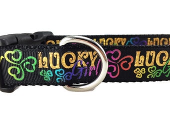 St Patrick's Dog Collar, Lucky Girl, 1 inch wide, adjustable; plastic or metal side release buckle, or chain martingale