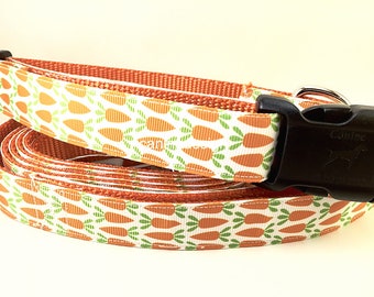 Dog Collar and Leash, Carrots, 4ft or 6ft leash, 1 inch wide, adjustable collar with plastic buckle, metal buckle, or chain