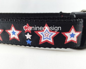 Dog Collar, Black Stars, 1 inch wide, adjustable; plastic or metal side release buckle, or chain martingale, american, patriotic