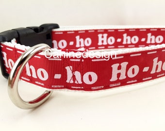 Christmas Dog Collar, Ho Ho Ho Stitch, 1 inch wide, adjustable; plastic or metal side release buckle, or chain martingale