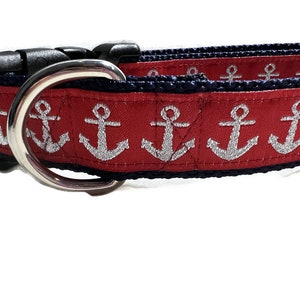 Dog Collar, Foil Anchors Red, 1 inch wide, adjustable, quick release, metal buckle, chain, martingale, hybrid, nylon image 1