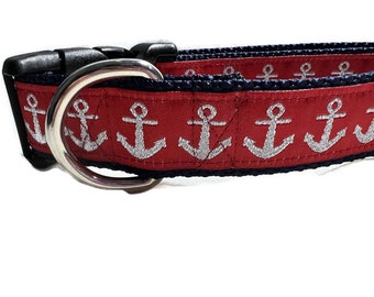 Dog Collar, Foil Anchors Red, 1 inch wide, adjustable, quick release, metal buckle, chain, martingale, hybrid, nylon