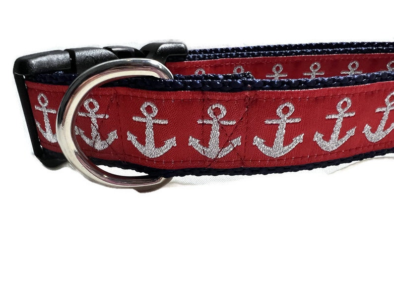 Dog Collar, Foil Anchors Red, 1 inch wide, adjustable, quick release, metal buckle, chain, martingale, hybrid, nylon image 1