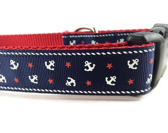 Dog Collar, Blue Anchors, 1 inch wide, adjustable; plastic or metal side release buckle, or chain martingale