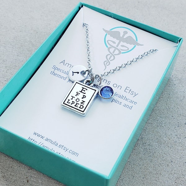 Optometrist Opthamologist Eye Doctor Handstamped Personalized Crystal Birthstone Initial Necklace