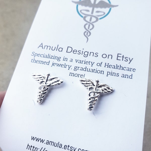 Caduceus Silver stud earrings - Caduceus Rose Gold Earrings - Medical Symbol earrings - nurse earrings - RN earrings - Gold Nurse earrings