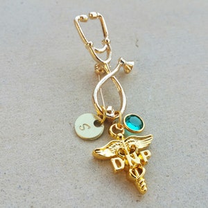 DNP Doctorate of Nursing Practice Gold Tone Nurse Practioner Handstamped Personalized Crystal Birthstone Initial Pin Brooch
