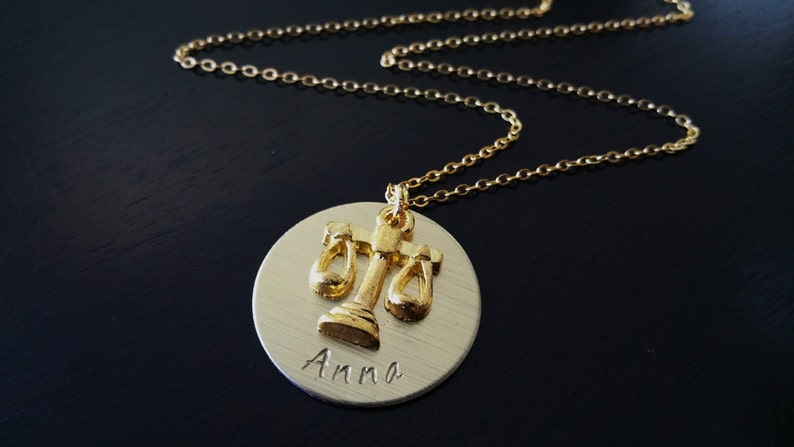 Gold Plated Toned lawyer attorney justice balance scales Handstamped Gift Necklace image 4