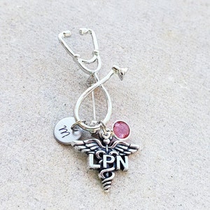 LPN Licensed Practical Nurse Medical Stethoscope Handstamped Personalized Initial Letter Birthstone Graduation Gift  Brooch PinRN gift