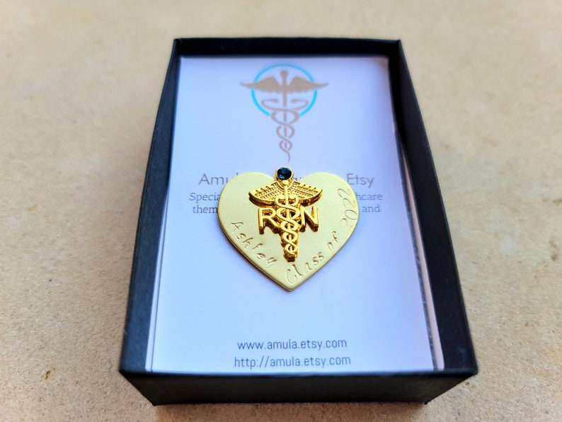 Gold Heart Nurse Pin Custom Yellow Gold Nurse Pin Gold Nurse Graduation Pin Pinning Ceremony Personalized Nurse Pin with Birthstone image 3
