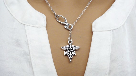MA Medical Assistant Caduceus Stethoscope Lariat Necklace Antique Silver