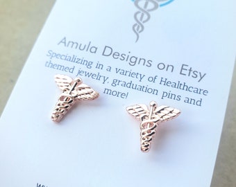 Caduceus Silver stud earrings - Caduceus Rose Gold Earrings - Medical Symbol earrings - nurse earrings - RN earrings - Gold Nurse earrings