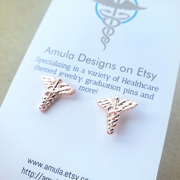 Caduceus Silver stud earrings - Caduceus Rose Gold Earrings - Medical Symbol earrings - nurse earrings - RN earrings - Gold Nurse earrings