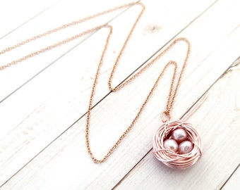 Freshwater Pearl Necklace - Bird Nest Pink Champagne Pearl - Rose Gold Bridesmaid Necklace -New Mom Gift- Baby Shower gift - Gift for her