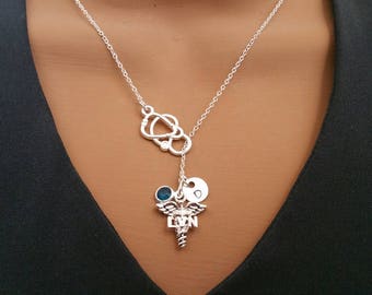 LVN Licensed Vocational Nurse Necklace Gift Handstamped Personalized Crystal Birthstone Initial Lariat Style Necklace