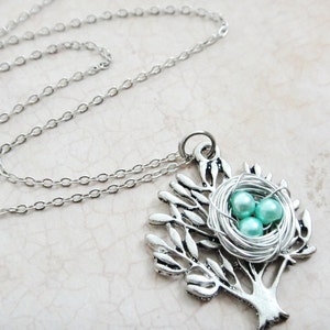 Sea Green - Mint Green Bird Nest Necklace - Tree Necklace - Mothers Day Gift - Mom Necklace - Bird Nest Pearl Necklace