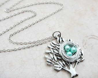 Sea Green - Mint Green Bird Nest Necklace - Tree Necklace - Mothers Day Gift - Mom Necklace - Bird Nest Pearl Necklace