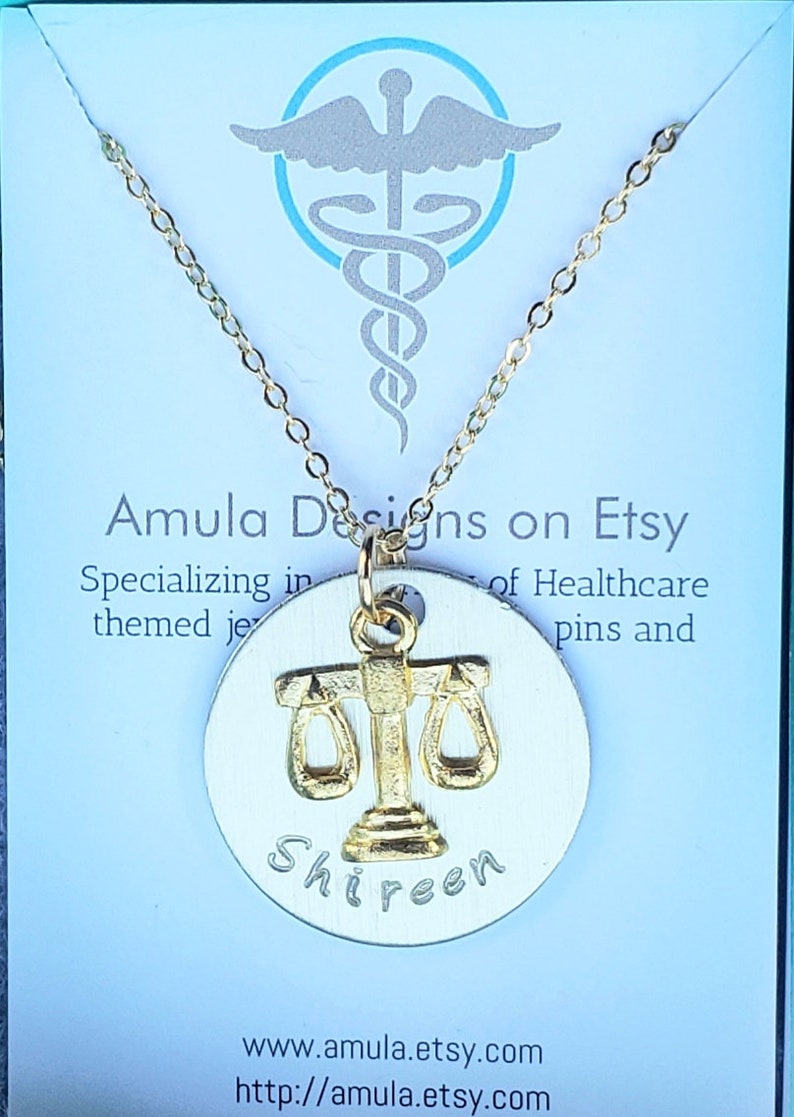 Gold Plated Toned lawyer attorney justice balance scales Handstamped Gift Necklace image 3