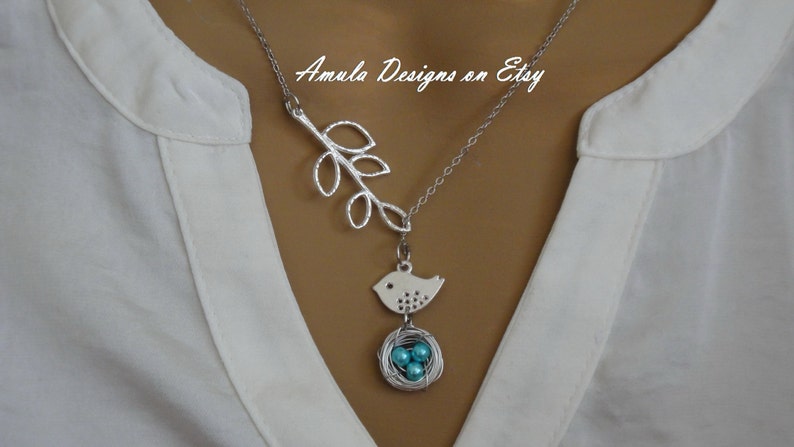 Lariat Style Teal Blue Bird Nest Necklace image 3