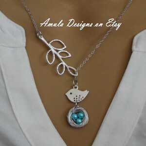 Lariat Style Teal Blue Bird Nest Necklace image 1