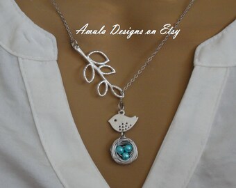 Lariat Style Teal Blue Bird Nest Necklace