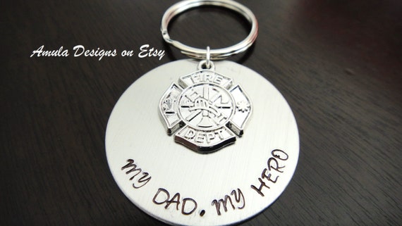 EMT gift - Maltese Cross Fireman Firefighter Fire Rescue My Dad My Hero Fathers Day Gift  Handstamped Key Chain Fob Ring