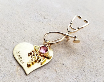 Gold RN BSN lpn np Pin - Heart Stethoscope Pin - Nurse Pin - Nurse Graduation - Pinning Ceremony Gift - Personalized RN Pin with Birthstone