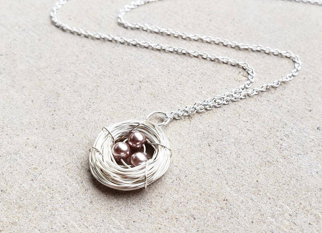Bird Nest Mother Child Necklace Pregnancy New Mom Beige Pearl Necklace