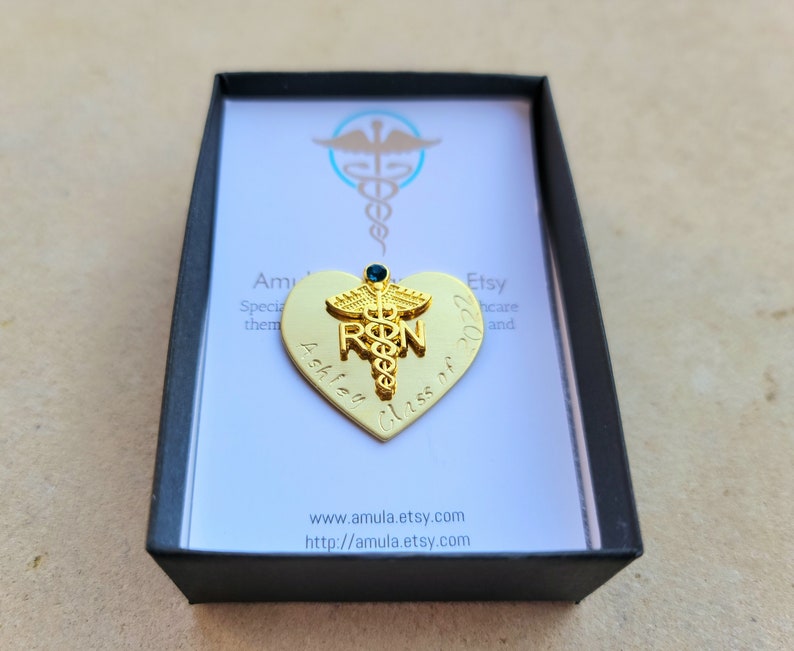 Gold Heart Nurse Pin Custom Yellow Gold Nurse Pin Gold Nurse Graduation Pin Pinning Ceremony Personalized Nurse Pin with Birthstone image 4