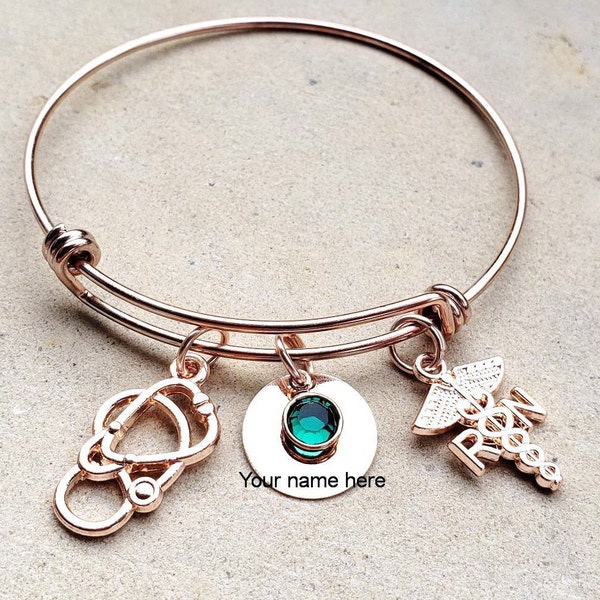 Rose Gold RN Registered Nurse Personalized Birthstone Handstamped Stethoscope Bangle - Rose Gold BSN Bangle - Rose Gold NP Bracelet