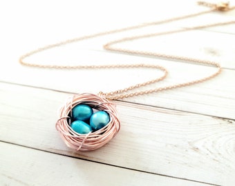 Freshwater Pearl Necklace - Bird Nest Blue Pearl Beads - Rose Gold Bridesmaid Necklace - New Mom Gift - Mother Child Necklace - Gift for her