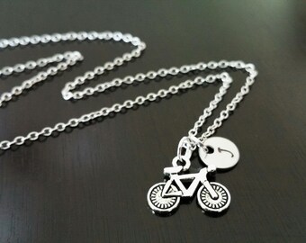 Personalized Tag Initial Handstamped Small Antique Silver Bicycle Necklace