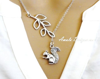 Leaf Branch and Squirrel Lariat Necklace