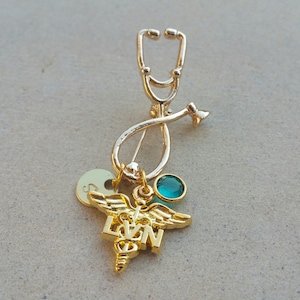 LVN Licensed Vocational Nurse Gold Tone Medical Stethoscope Handstamped Personalized Initial Letter Graduation Gift Gold Tone Brooch Pin