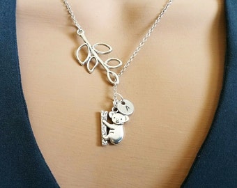 Lariat Style Branch Twig Animal Initial Personalized tag Custom Koala Bear Necklace Koala Jewelry