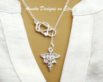 MA Medical Assistant Caduceus Stethoscope Lariat Necklace