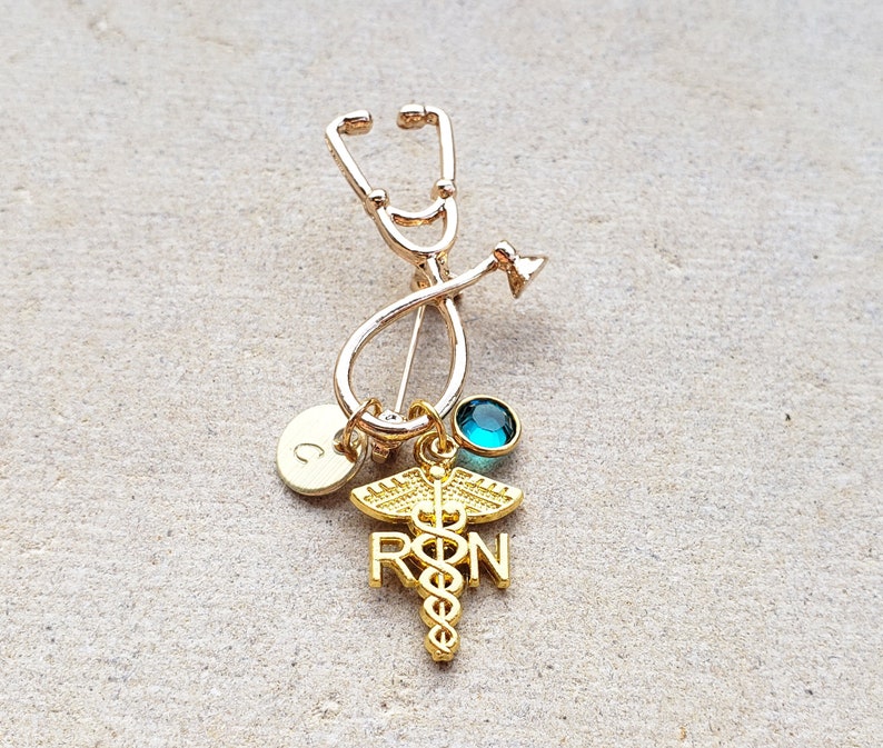 RN Registered Nurse Medical Stethoscope Gold Handstamped Personalized Initial Letter Graduation Gift Brooch Nurse Pin