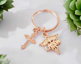 Porte-clé LMSW avec croix - cadeau LCSW avec croix - porte-clé SW Jésus, Dieu, foi porte-clé - cadeaux assistante sociale, cadeaux assistante sociale agréée