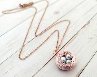 Freshwater Pearl Necklace - Pale Blue Bird Nest Pearl Beads - Rose Gold Bridesmaid Necklace -New Mom Gift- Baby Shower gift - Gift for her