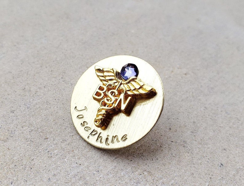 Gold Plated BSN RN LPN Pin Nursing Personalized Pin, Handstamped Nursing Gold Pin Graduation Gift, Nurse Pin, Bachelor Science Nurse Pin image 5