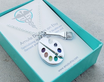 Silver Artist Palette Necklace, Artist Enamel Paint Necklace, Multicolor Necklace, Artist Paintbrush Gift, Painter Necklace Gift