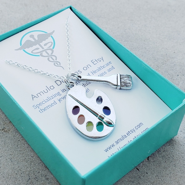 Silver Artist Palette Necklace, Artist Enamel Paint Necklace, Multicolor Necklace, Artist Paintbrush Gift, Painter Necklace Gift